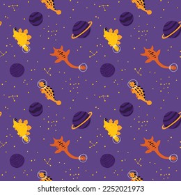 Dino in space seamless pattern. Cute dragon characters, dinosaur traveling galaxy with stars, planets. Kids cartoon vector background. Illustration of astronaut dragon, kids wrapping with cosmic dino