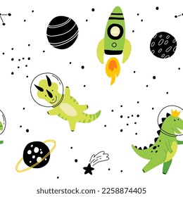 Dino in space seamless pattern. Cute dragon characters, dinosaur traveling galaxy with stars, planets. Kids cartoon vector background. Illustration of astronaut dragon, kids wrapping with cosmic dino