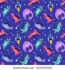 Dino in space seamless pattern. Cute dragon characters, dinosaur traveling galaxy with stars, planets. Kids cartoon vector background. Illustration of astronaut dragon, kids wrapping with cosmic dino