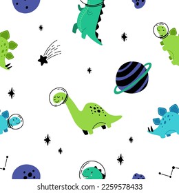 Dino in space seamless pattern. Cute dragon characters, dinosaur traveling galaxy with stars, planets. Kids cartoon vector background. Illustration of astronaut dragon, kids wrapping with cosmic dino