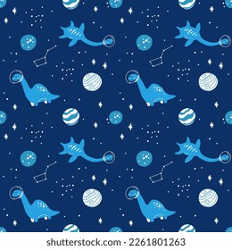 Dino in space seamless pattern. Cute dragon characters, dinosaur traveling galaxy with stars, planets. Kids cartoon vector background. Illustration of astronaut dragon, kids wrapping with cosmic dino