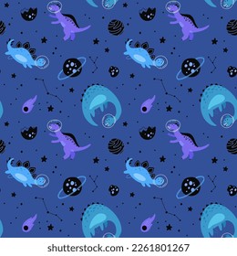 Dino in space seamless pattern. Cute dragon characters, dinosaur traveling galaxy with stars, planets. Kids cartoon vector background. Illustration of astronaut dragon, kids wrapping with cosmic dino