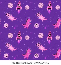 Dino in space seamless pattern. Cute dragon characters, dinosaur traveling galaxy with stars, planets. Kids cartoon vector background. Illustration of astronaut dragon, kids wrapping with cosmic dino