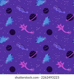 Dino in space seamless pattern. Cute dragon characters, dinosaur traveling galaxy with stars, planets. Kids cartoon vector background. Illustration of astronaut dragon, kids wrapping with cosmic dino