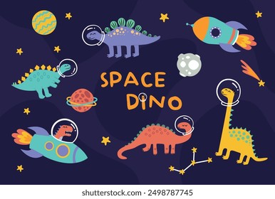 Colección de Vector espacial Dino. Personajes lindos del dinosaurio con la nave espacial, los planetas, las estrellas.