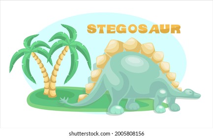 Dino. Stegosaurus landscape background, coconut tree. Cute dinosaur vector drawing for print, poster, childrens illustration.