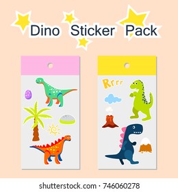 Dino sticker pack vector illustration. Dinosaur with props kid sticky label template design.