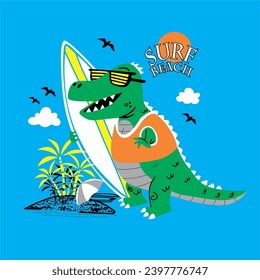 dino surfing on the beach Vector illustration of dinosaur cartoon with typographic elements