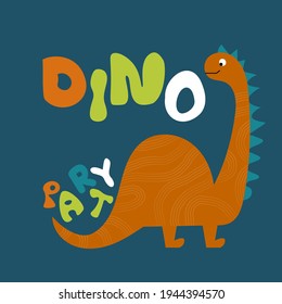 Impresión de tee Dino para camiseta, ilustración vectorial. Cute tarjeta de saludo animal de dinosaurio. La mano dibujó lindas letras escandinavas. Gran diseño para camisetas, logo, ropa para niños, invitación, afiche, impresión.