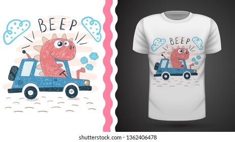 Dino with tractor - idea for print t-shirt. Vector eps 10