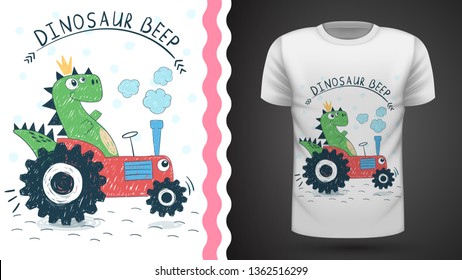 Dino with tractor - idea for print t-shirt. Hand draw