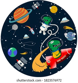 Dino Travel Around The Space Explorind New Planets, Vector Illustration For Boys In Round Frame