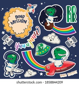 Dino Travels Through Space On Stickers In Blue Background