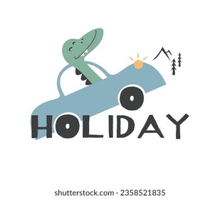 dino t-shirt design. cute and fanny dinosaur. blue car. iconic basic t-sirt design. holiday slogan vector. 