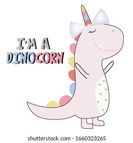 dino unicorn glitter color text line girl tee illustration art vector