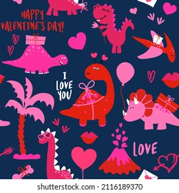 Dino Valentine's Day - Funny cartoon dinosaurs, bones, and eggs. Cute t rex,  characters. Hand drawn vector doodle set for kids. Good for textiles, nursery, wallpapers, wrapping paper, clothes.