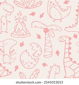 Padrão sem emenda do vetor de dino com dinossauros desenhados à mão, ovos quebrados e plantas tropicais. Contornos em um fundo rosa. Ideal para tecidos de bebê e decoração