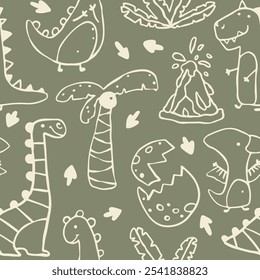 Padrão sem emenda do vetor Dino com dinossauros desenhados à mão e plantas tropicais e palmeiras. Contornos em um fundo cáqui verde. Ideal para tecidos de bebê, roupas e decoração