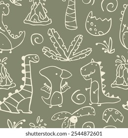 Dino vector seamless pattern with hand drawn dinosaurs and tropical plants and palm trees. Contours on a green khaki background. Ideal for baby textiles, clothing and decor