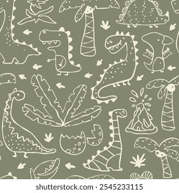 Dino vector seamless pattern with hand drawn dinosaurs and tropical plants and palm trees. Contours on a green khaki background. Ideal for baby textiles, clothing and decor