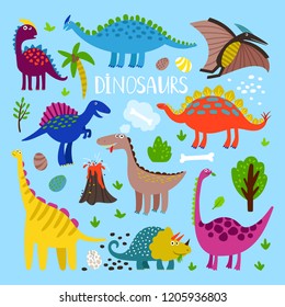 Dino vector set. Dinosaurus prehistoric animals like stegosaurus and pterosaur, brachiosaurus and pterosaur