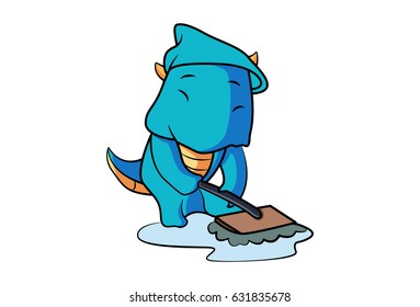 Dino washing the floor. Vector Illustration. Isolated on white background.