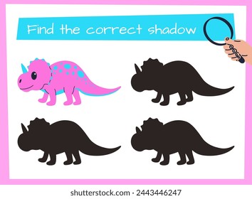 Dino worksheet. Finding correct animal shadow. Dinosaur searching. Children logic game. Jurassic lizards connect with silhouette shapes. Preschool kids riddle test. Vector educational puzzle design