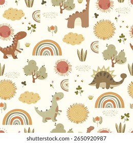 Dino world with cartoon nature and cute dinosaurs. Vector illustration with animals, rainbows, clouds, bushes, sun, plants and bee, seamless pattern.