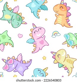 Dinocorn or dinosaur unicorn hand drawn doodle seamless pattern. Cute Dinosaurs unicorns for print design. Rainbow Unicorn or dinosaur background for kids wallpaper design. Isolated vector