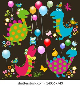 dinos card, happy cute colorful dinosaurs