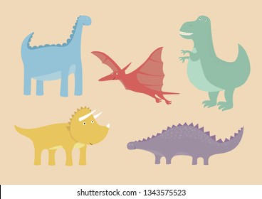Dinos cute cartoon vector design. Brontosaurus, stegosaurus, t-rex, triceratops, pterodactyl.