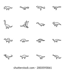 Dinos, dinosaurs line icons set, outline vector symbol collection, linear style pictogram pack. Signs, logo illustration. Set includes icons as triceratops, brontosaurus, t-rex, stegosaurus, aardonyx