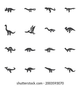 Dinos, dinosaurs vector icons set, modern solid symbol collection, filled style pictogram pack. Signs, logo illustration. Set includes icons as triceratops, brontosaurus, t-rex, stegosaurus, aardonyx
