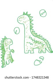 Dinos - dragons family: mom and child dinosaur and eggs. Green dinosaurs or dragons. Vector image for children's clothing, toys or printing