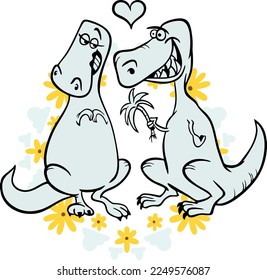 Dinos in love. beautiful color cartoon card valentine's day illustration, invitation, sticker, greeting card, wall decor. Colorful vector stock illustration.