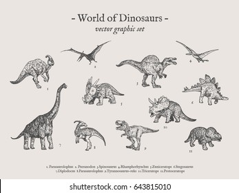 Dinos vintage vector drawings set with sign World of Dinosaurs