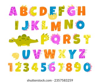 Dinosaur abs font uppercase capital english alphabet letter typography vector illustration. Cartoon funny comic childish dino monster alphabetical lettering for kids party, school, club logo design