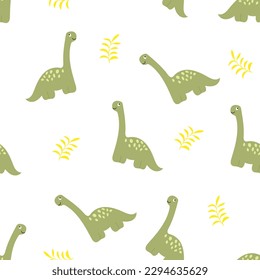 dinosaur and abstract design elements cute seamless pattern.Dino illustration for kids fashion,textile,cloth,prehistoric character and tropical leaves in doodle style on white background