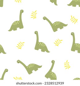 dinosaur and abstract design elements cute seamless pattern.Dino illustration for kids fashion,textile,cloth,prehistoric character and tropical leaves in doodle style on white background.