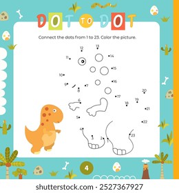 Dinosaur activities for kids. Dot to dot game – little Dino. Connect the dots. Numbers games for kids. Coloring page. Vector illustration. Learning numbers. Fine motor skills. Page for activity book.