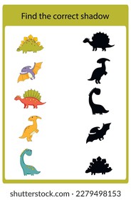 Dinosaur activities for kids. Find the correct shadow. Educational game for children. Vector illustration, cartoon style.