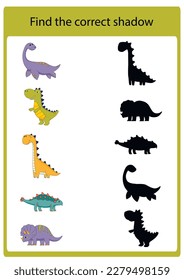 Dinosaur activities for kids. Find the correct shadow. Educational game for children. Vector illustration, cartoon style.