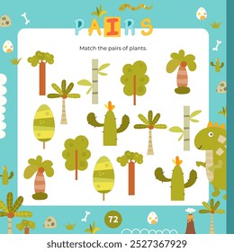 Dinosaur activities for kids. Find the correct pairs for Plants. Vector illustration. Matching game. Square page for Activity Book.