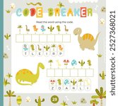 Dinosaur activities for kids. Find the hidden words in Code Breaker. Logic games for children. Vector illustration. Square page for Dino Activity Book.