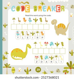 Actividades de dinosaurios para niños. Encuentra las palabras ocultas en Code Breaker. Juegos de lógica para niños. Ilustración vectorial. Página cuadrada para Dino Activity Book.