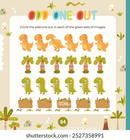 Dinosaur activities for kids. Find the odd one out for images. Vector illustration. Matching game. Square page for Activity Book.