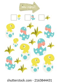 Dinosaur Activities for Kids. How Many. Count the Number of Baby Dinosaurs and Plants. Vector illustration.