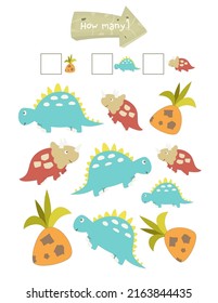 Dinosaur Activities for Kids. How Many. Count the Number of Dinosaurs and Pineapples. Vector illustration.