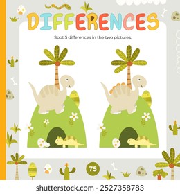 Dinosaur activities for kids. Spot 5 differences in two pictures. Cute Dino. Vector illustration. Activity Book square format. Game to boost attention and focus.