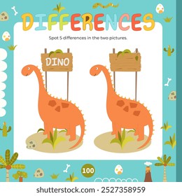 Dinosaur activities for kids. Spot 5 differences in two pictures. Cute little Dino. Vector illustration. Activity Book square format. Game to boost attention and focus.